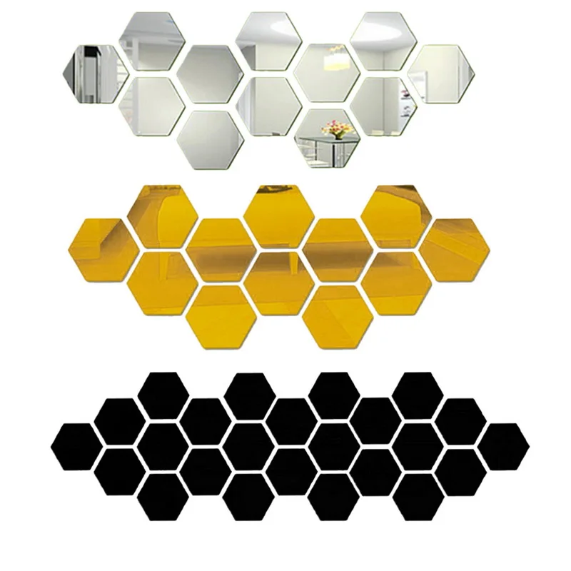 12PCs Hexagon 3D Acrylic Mirror Wall Sticker Removable Crystal Stereo Home Decor Mirrored Decorative | Дом и сад