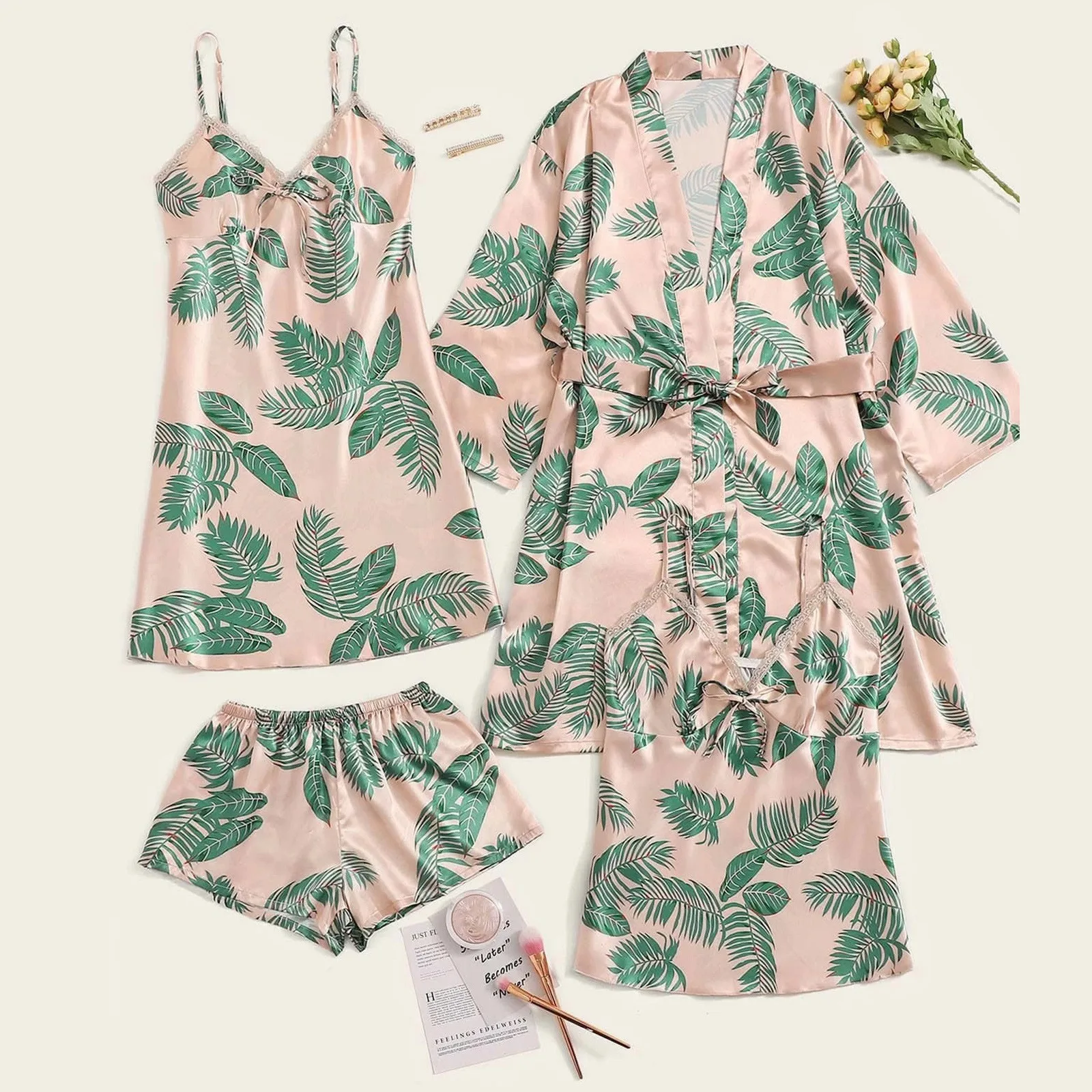 

Атласная Шелковая пижама с принтом листьев, 4 шт., женское кимоно, халаты, ночная рубашка, халат, повседневная одежда для сна, свадебная ночна...