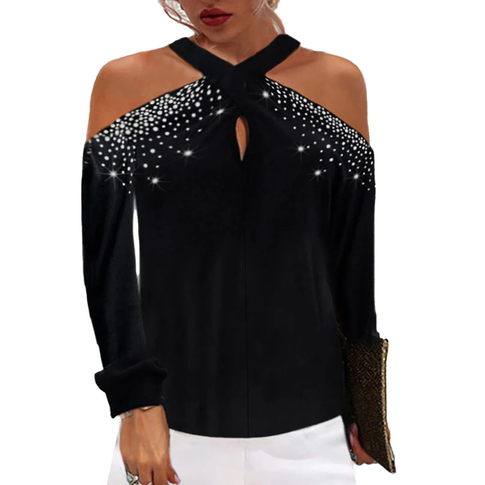 Fashion Women T Shirt 2021 Long Sleeve Halter Neck Cold Shoulder Hot Drilling Basic Tee Elegant Pullover Black Ladies Top
Fashion Women T Shirt 2021 Long Sleeve Halter Neck Cold Shoulder Hot Drilling Basic Tee Elegant Pullover Black Ladies Top