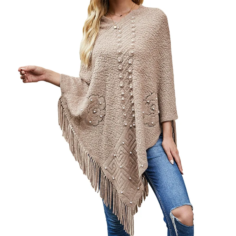 2021 Fashion Women's Shawl Cloak Sweater New Casual Hot Sale V-neck Pullover Solid Color Loose Bead Tassel Knitted Sweater
2021 Fashion Women's Shawl Cloak Sweater New Casual Hot Sale V-neck Pullover Solid Color Loose Bead Tassel Knitted Sweater
