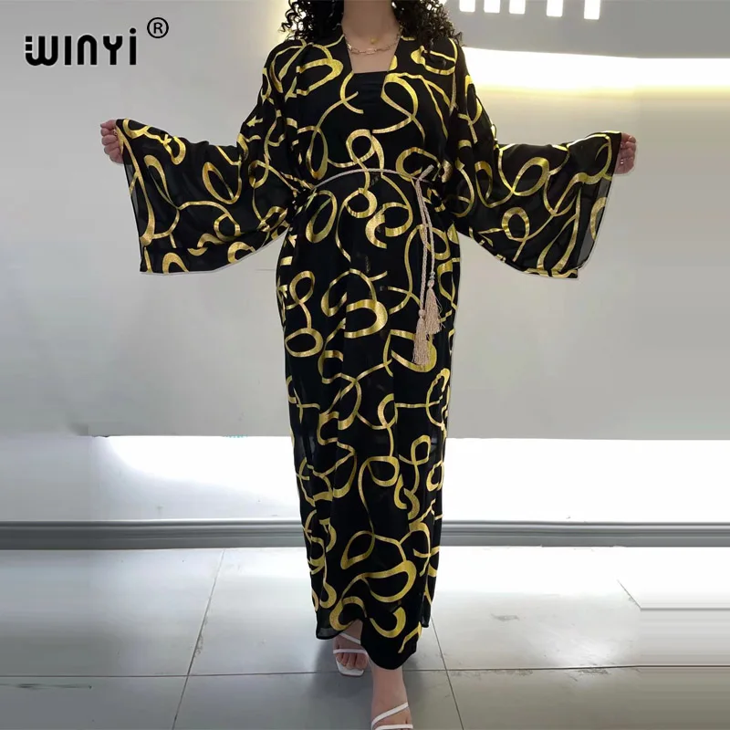 

WINYI robe longue kimono Women Cardigan stitch gild Cocktail sexcy Boho Maxi African Holiday Batwing Sleeve new Elegant Robe