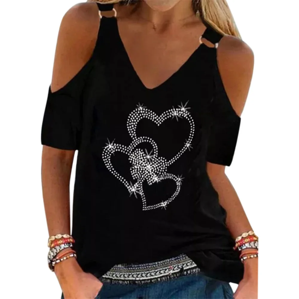 Summer Women Rhinestone Heart Print T-shirt Sexy Cold Shoulder Casual Top V Neck Short Sleeve Blouses Tees Female Clothing y2k
Summer Women Rhinestone Heart Print T-shirt Sexy Cold Shoulder Casual Top V Neck Short Sleeve Blouses Tees Female Clothing y2k