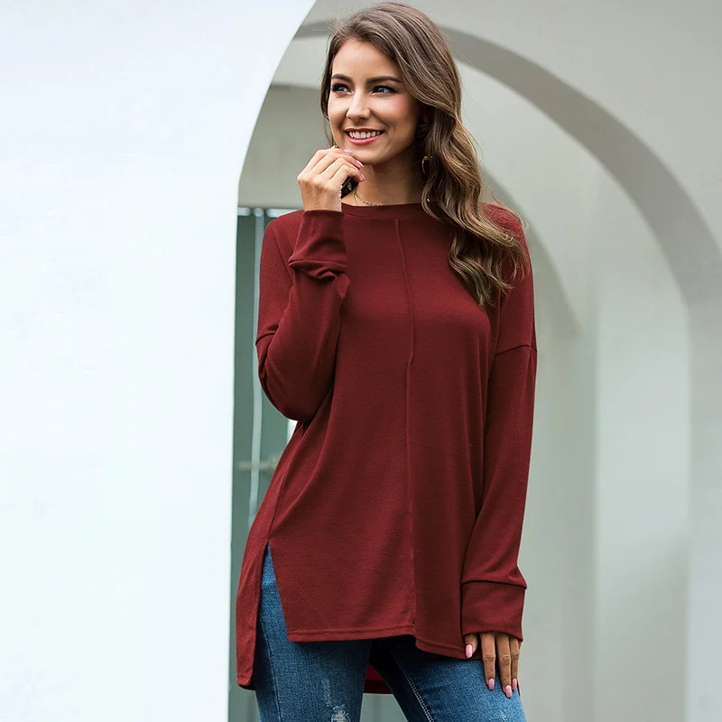 

Round Neck T-shirt Solid Color Casual Stitching Long-sleeved Tops 2021 Autumn And Winter Women's New Wild Trend Qm*