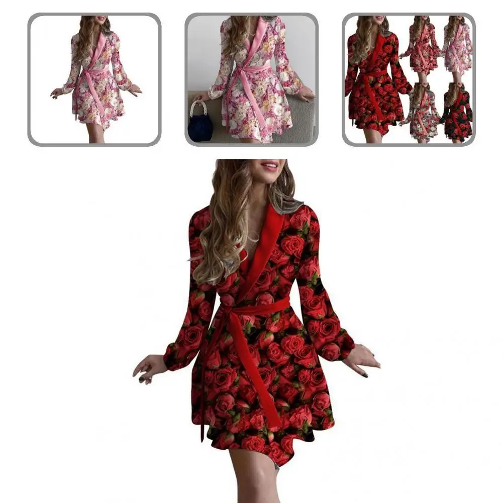 Women Dress Charming Rose Flower Print Wrap V-Neck Women Dress Lapel Above Knee Party Dress
Women Dress Charming Rose Flower Print Wrap V-Neck Women Dress Lapel Above Knee Party Dress