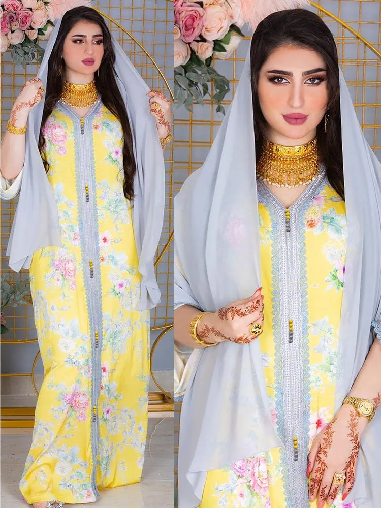 

Floral Printed Jalabiya Arabian Long Dress Braid Lace Trim Detail Women Morrocan Caftan Muslim Islam Dubai Kaftan Party Ramadan
