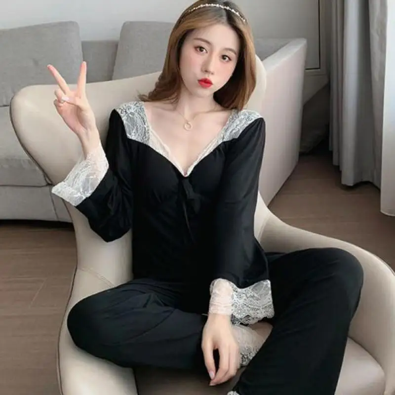 Black 2PCS Pajamas Suit Autumn New Nightwear Intimate Lingerie Casual Sleep Set Women Modal Pyjamas Patchwork Home Clothing 
Black 2PCS Pajamas Suit Autumn New Nightwear Intimate Lingerie Casual Sleep Set Women Modal Pyjamas Patchwork Home Clothing