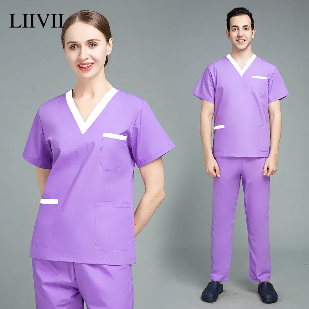 

Solid Color Top+pants Short Sleeve Women Nurse Scrubs Uniforms Medical Health Service Working Clothes Breathable Spa Uniforms