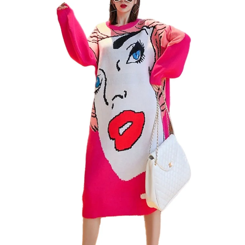 Vefadisa Rose Pink Character Print Sweater Dress Women 2022 Autumn Winter Cartoon Print Knitted Dress Loose-fitting
Vefadisa Rose Pink Character Print Sweater Dress Women 2022 Autumn Winter Cartoon Print Knitted Dress Loose-fitting