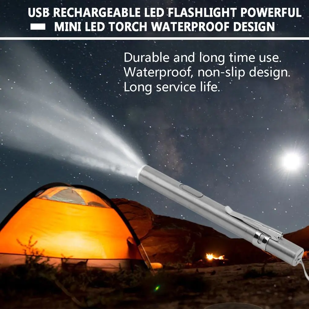 Creative USB Rechargeable LED Flashlight Powerful Mini LED Torch Waterproof Design Pen Hanging with Metal Clip
Creative USB Rechargeable LED Flashlight Powerful Mini LED Torch Waterproof Design Pen Hanging with Metal Clip