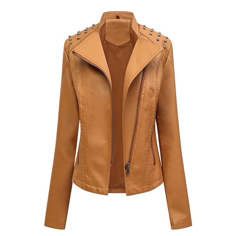 

New Ladies Leather Coat 2021 Spring and Autumn Fashion Casual Slimming Lapel Zipper Yellow Lake Blue Fake Leather Jackets GH362