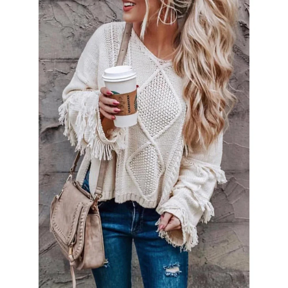 Women's Sweater Loose Knitting V-neck Flare Sleeve Tassel Patchwork Ladies Tops 2020 Autumn Winter Casual Sweaters Pullovers
Women's Sweater Loose Knitting V-neck Flare Sleeve Tassel Patchwork Ladies Tops 2020 Autumn Winter Casual Sweaters Pullovers