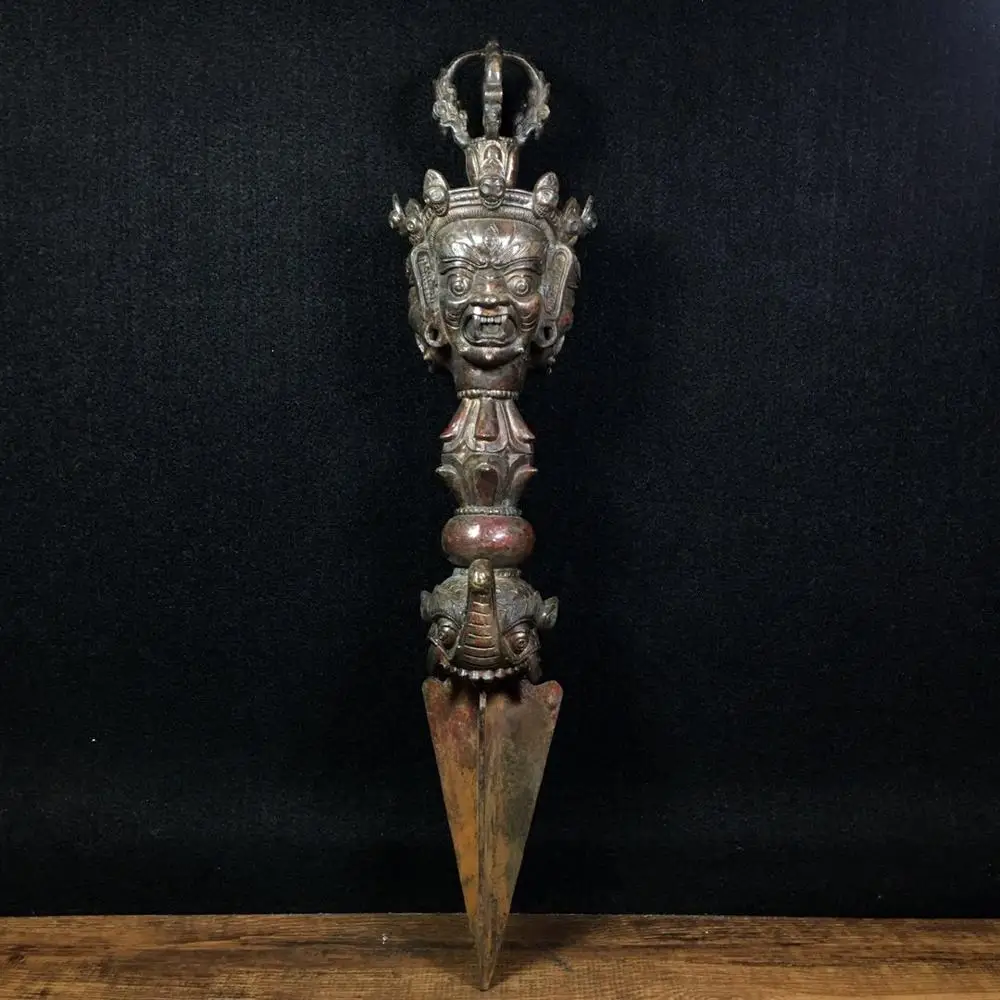Home Decor 13" Tibet Buddhism Temple Old Bronze Cinnabars Horse Head King Three sides Buddha Vajra Drop the magic pestle
Home Decor 13" Tibet Buddhism Temple Old Bronze Cinnabars Horse Head King Three sides Buddha Vajra Drop the magic pestle