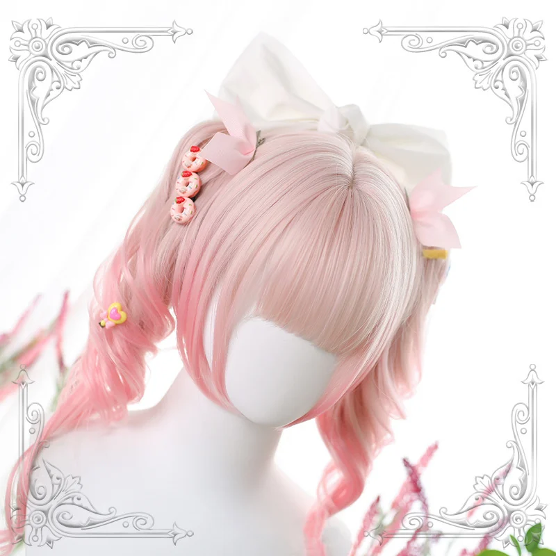 

Lolita Female Short Straight Inner Buckle Pink Gradual Change Bangs Wig Curly Double Ponytail Women Wigs Cosplay Party