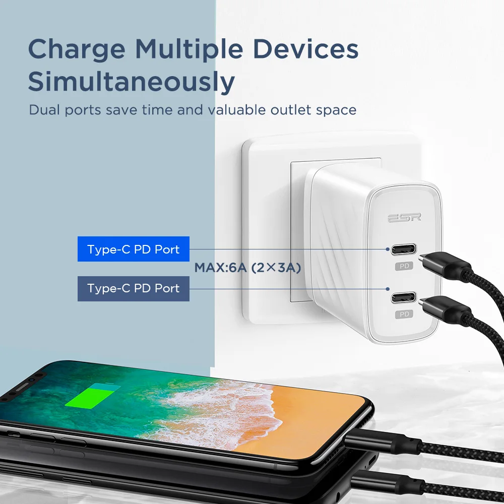 ESR 36W Dual Port Portable Travel Fast Charger for iPhone 11 Pro 7 8 X XR XS Max Samsung iPad Xiaomi Type-c PD | Мобильные телефоны