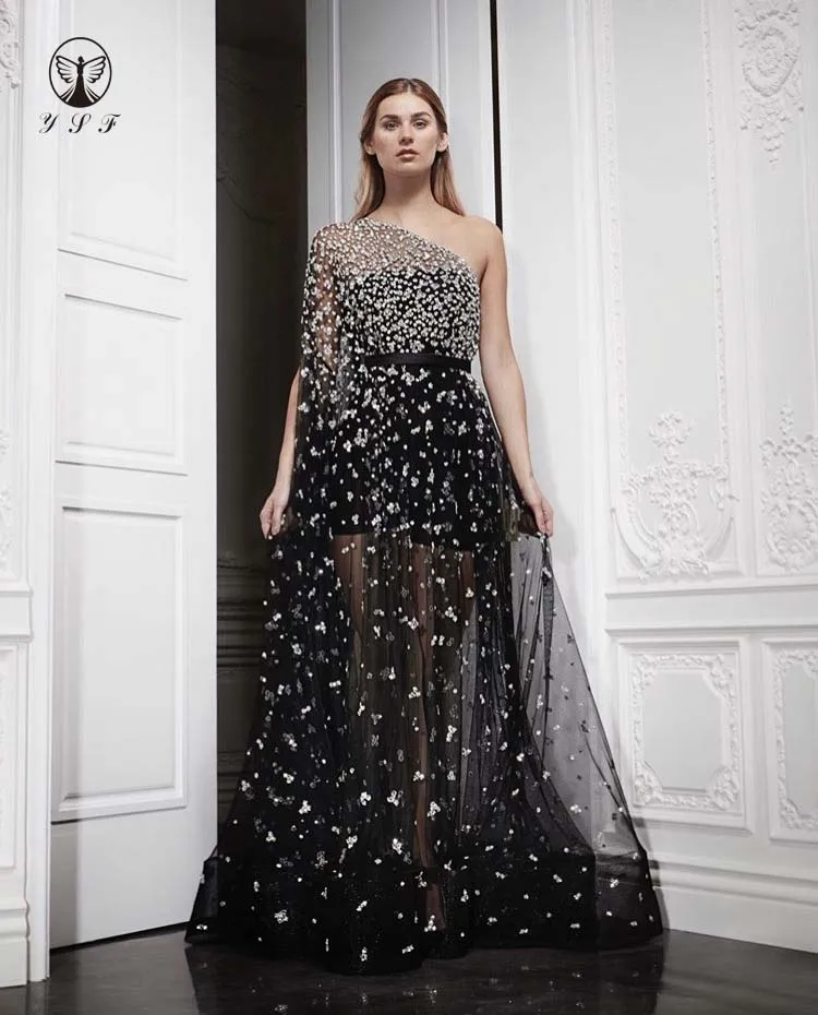 Best Selling One Shoulder Beaded Sequins Black and Silver A Line Floor Length Sheer Evening Dresses
Best Selling One Shoulder Beaded Sequins Black and Silver A Line Floor Length Sheer Evening Dresses