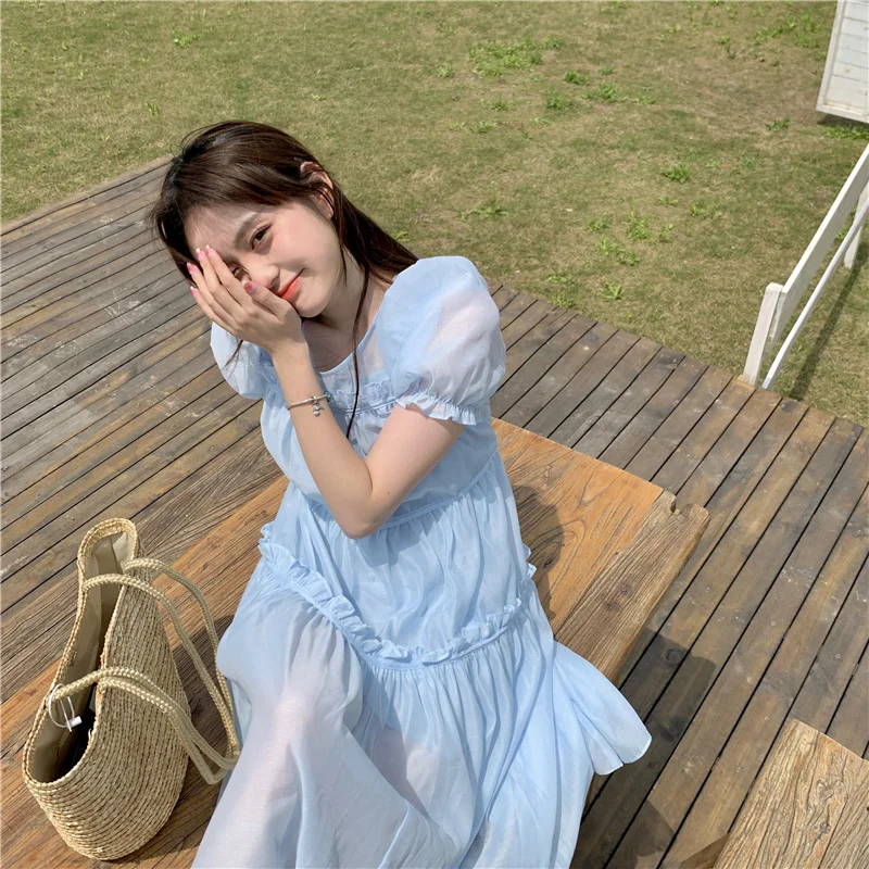 French Puff Sleeve Summer Light Dresses Women Blue Korean Style Elegant Casual Midi Dress Y2k Loose Chic Sweet Kawaii Dress 2021
French Puff Sleeve Summer Light Dresses Women Blue Korean Style Elegant Casual Midi Dress Y2k Loose Chic Sweet Kawaii Dress 2021