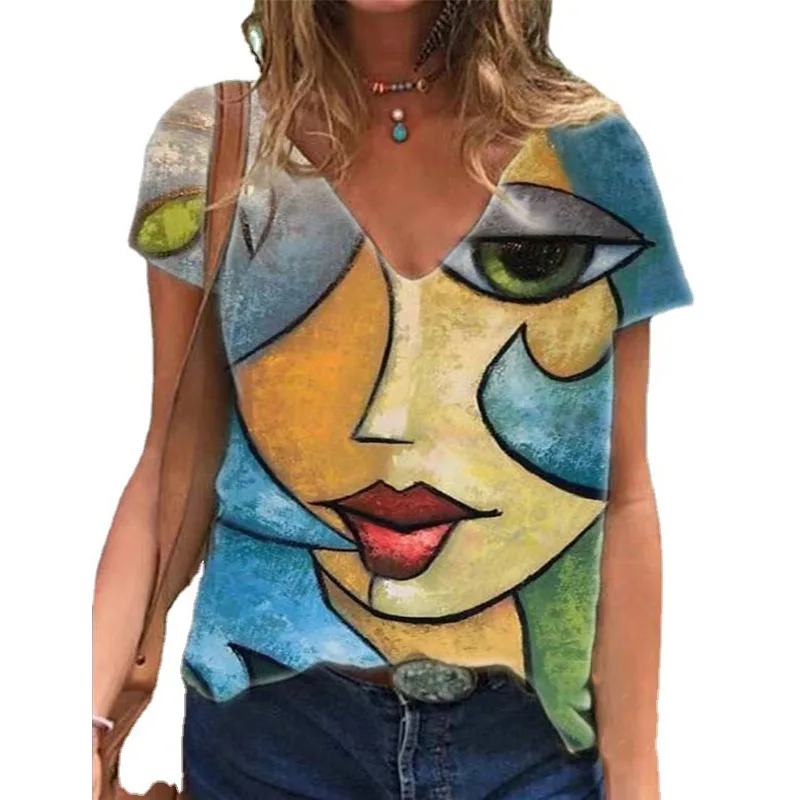 Women Summer V Neck T-shirt Casual Loose Print Tee Tops Oversize Abstract Character Print Streetwear Short Sleeve Clothes S-5XL
Women Summer V Neck T-shirt Casual Loose Print Tee Tops Oversize Abstract Character Print Streetwear Short Sleeve Clothes S-5XL