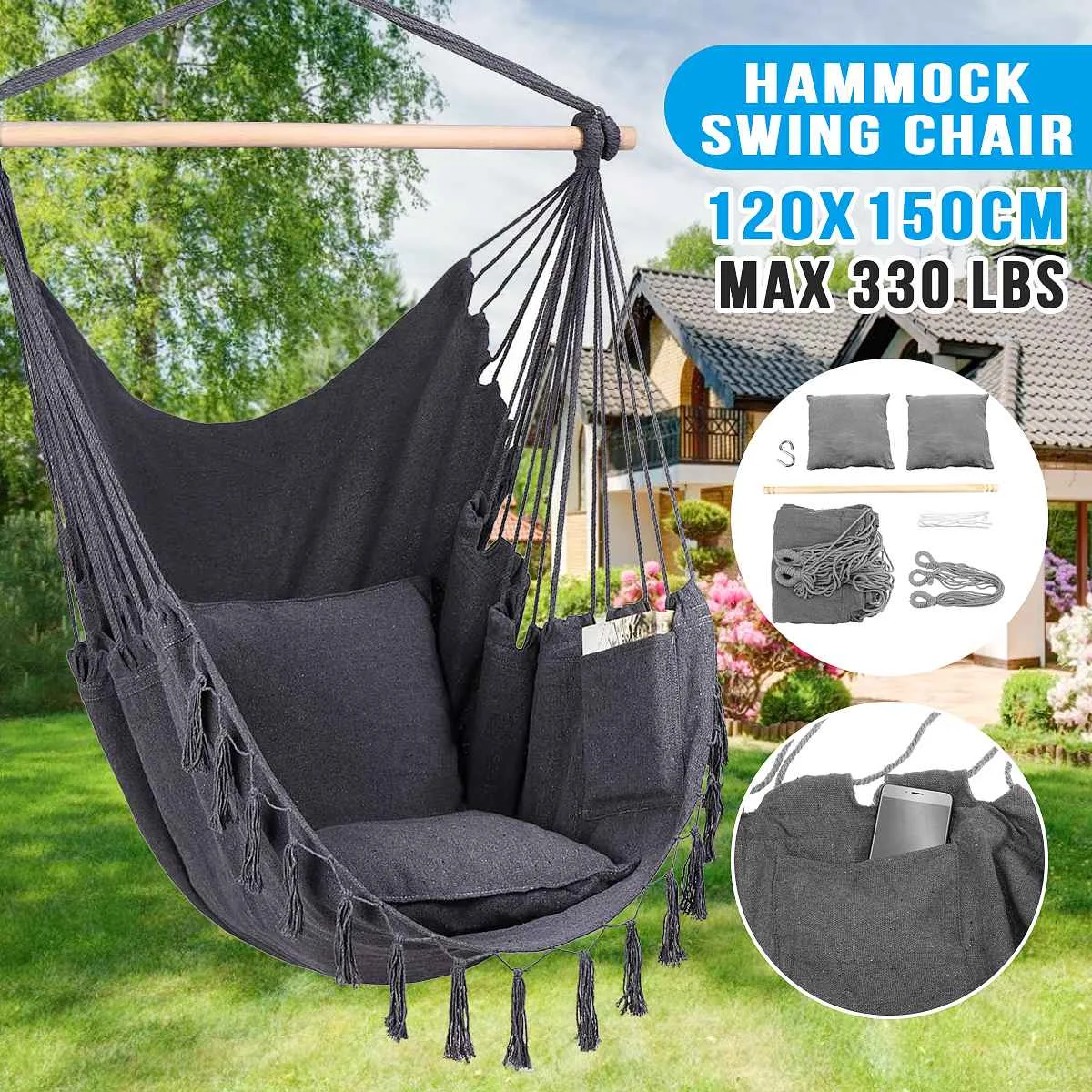 150KG Outdoor Hanging Hammock Chair Swing Garden Portable Travel Camping Chair Yard Seat With 2 Seat Cushions
150KG Outdoor Hanging Hammock Chair Swing Garden Portable Travel Camping Chair Yard Seat With 2 Seat Cushions