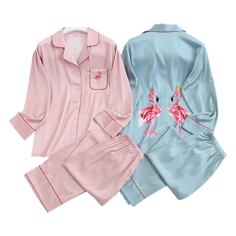 

Spring And Autumn New Cartoon Flamingo Printed Ladies Pajamas Set Comfort Silk Stain Sleepwear Set Elegant Pink Thin Homewear