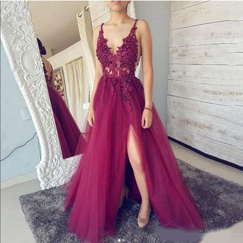 Spaghetti Straps V Neck Open Back Long Prom Dress Sleeveless Front Split Tulle Evening Formal Party Dress Vestido De Fiesta
Spaghetti Straps V Neck Open Back Long Prom Dress Sleeveless Front Split Tulle Evening Formal Party Dress Vestido De Fiesta