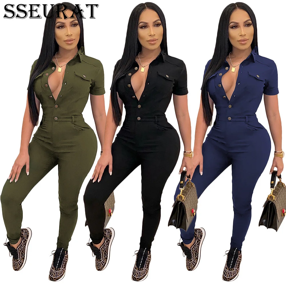 SSEURAT Short Sleeve Button Up Moto Biker Women's Jumpsuit for Basic Classic High Waist Solid Skinny Active Romper Playsuits
SSEURAT Short Sleeve Button Up Moto Biker Women's Jumpsuit for Basic Classic High Waist Solid Skinny Active Romper Playsuits