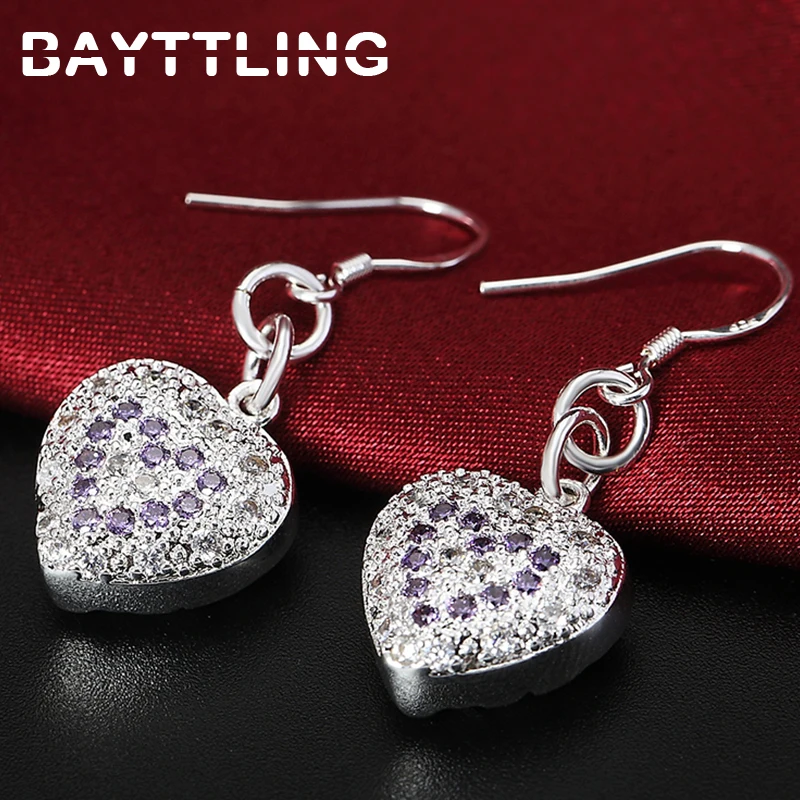 

BAYTTLING New 925 Sterling Silver 40MM AAA Zircon Purple Heart Drop Earrings For Woman Fashion Charm Wedding Party Jewelry Gift