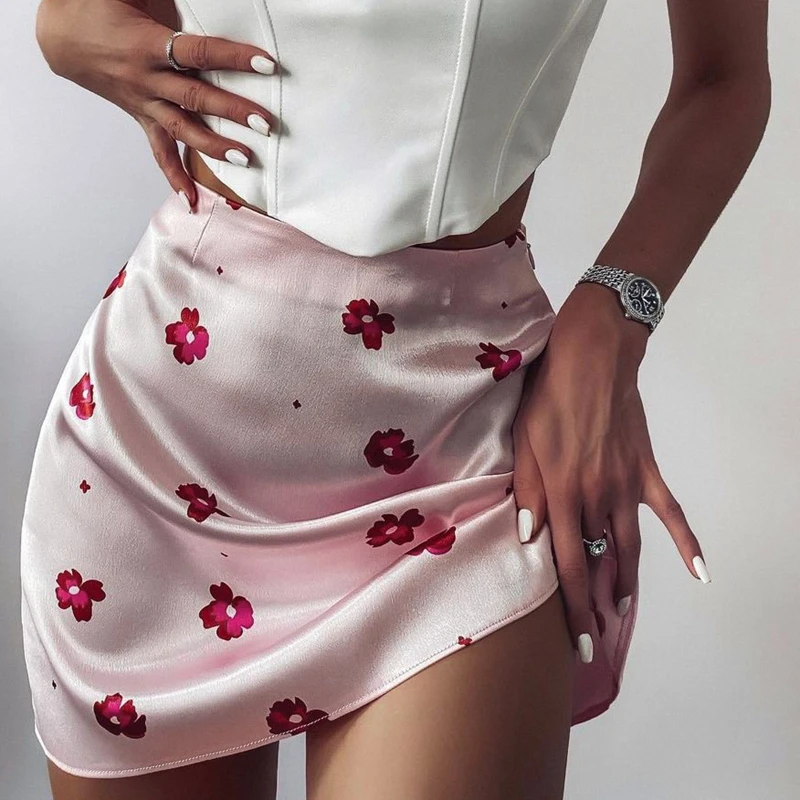 

Minifalda de satén con estampado Floral, minifalda Y2K de estilo coreano K23 de cintura alta, estilo Harajuku, ropa de 2021