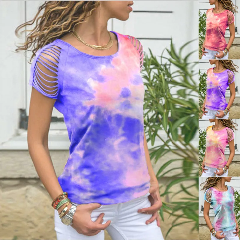 2021 Summer New Casual Women's Tie-dyed Torn And Burned-Out Shoulder Round Neck and Short Sleeve Woman Tshirts
2021 Summer New Casual Women's Tie-dyed Torn And Burned-Out Shoulder Round Neck and Short Sleeve Woman Tshirts