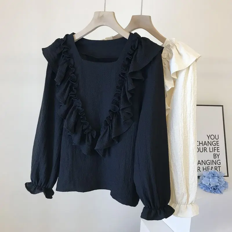 Spring 2021 New Retro French Square Collar Shirts Women Ruffled Stitching Design Loose Fashion Long Sleeves Blouse Lady Tops
Spring 2021 New Retro French Square Collar Shirts Women Ruffled Stitching Design Loose Fashion Long Sleeves Blouse Lady Tops