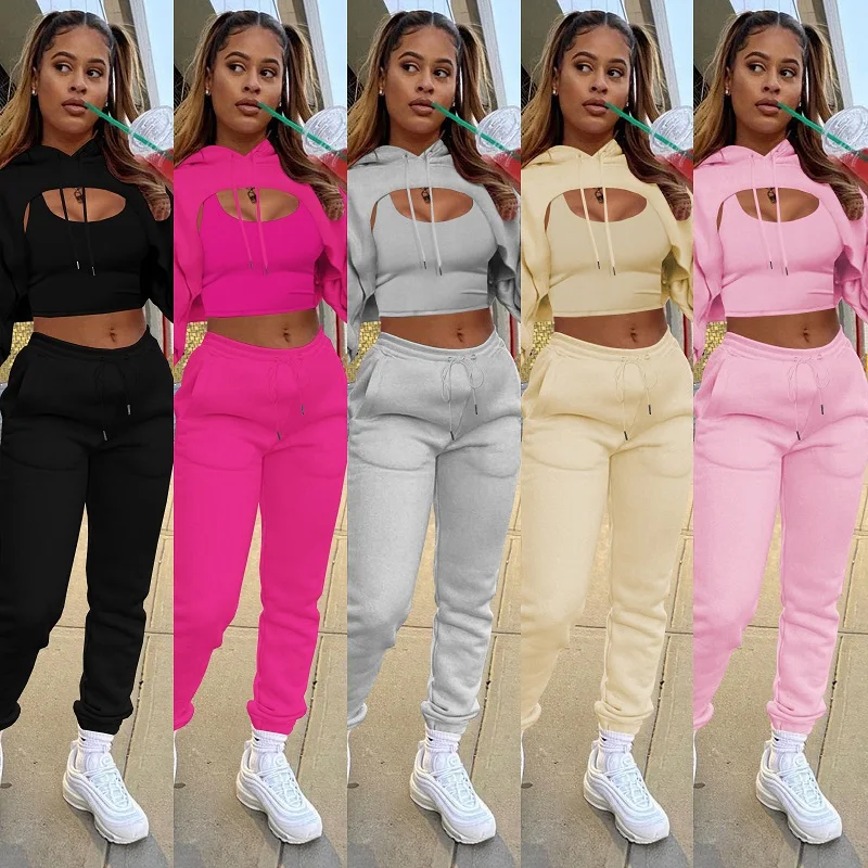 Fall 2021 Fashion Women's Sexy Slim Short Vest Street Style Personality Hoodie With Pocket Casual Sweatpants Solid Color Set
Fall 2021 Fashion Women's Sexy Slim Short Vest Street Style Personality Hoodie With Pocket Casual Sweatpants Solid Color Set