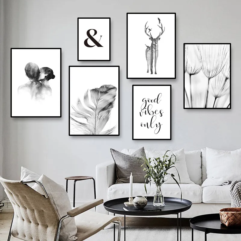 

Black White Dandelion Photography Posters Life Quote Wall Art Canvas Painting Lovers Prints Nordic Birds Feather Picture HD3140