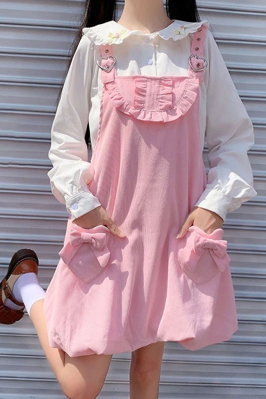 Japanese Sweet Lovely Pocket Bow Stitching Sleeveless All-match Buckle Strap Dress Women Autumn kawaii dress fairy kei 
Japanese Sweet Lovely Pocket Bow Stitching Sleeveless All-match Buckle Strap Dress Women Autumn kawaii dress fairy kei