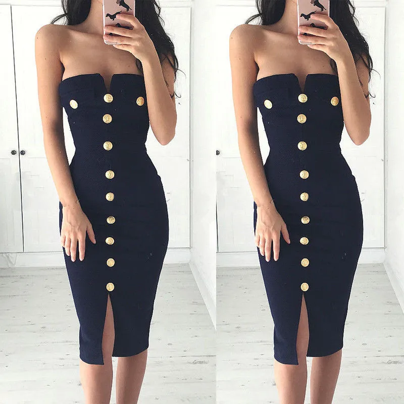 Stylish Women's Off-shoulder Slash-neck Strapless Button High-waist Bustier Sleeveless Slim Fit Dress Lady Party Ball Dress S-XL
Stylish Women's Off-shoulder Slash-neck Strapless Button High-waist Bustier Sleeveless Slim Fit Dress Lady Party Ball Dress S-XL