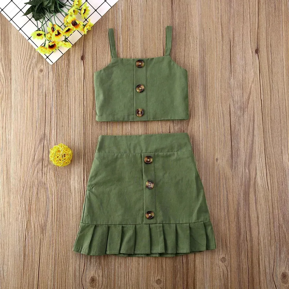 TELOTUNY New Toddler Baby Girls Suspender Pure Color Tank Tops Button Skirt Two Piece Suit Clothes Children Summer Set Outfits46 | Детская