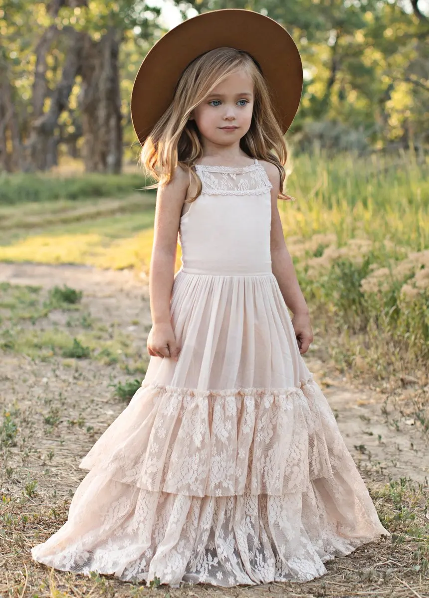 Кружевные хлопковые длинные платья принцессы для девочек детские с цветами на