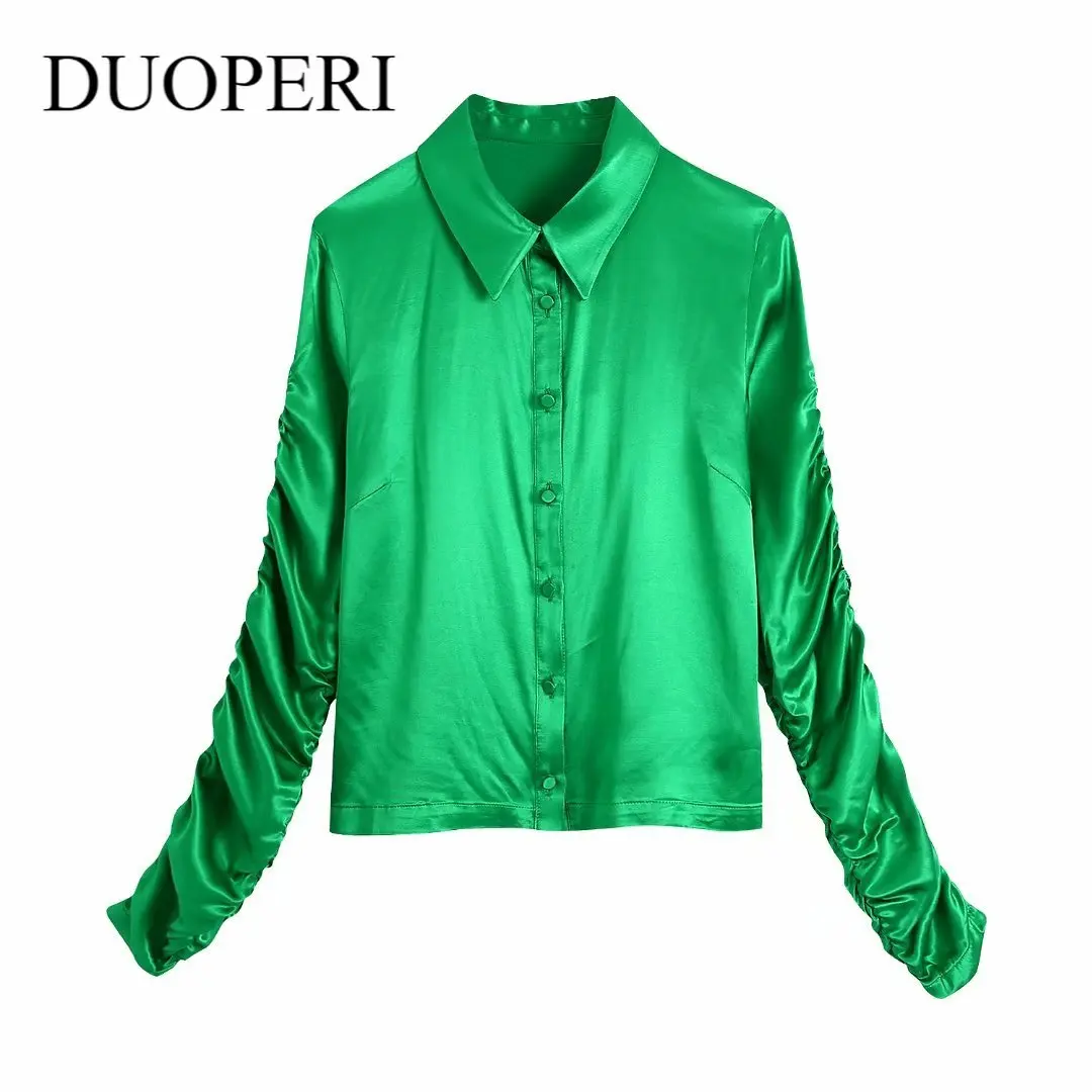 DUOPERI Women Fashion Fitted Satin Collared Blouse Lapel Collar Long Sleeves With Gathered Detail Chic Lady Green Shirt Top
DUOPERI Women Fashion Fitted Satin Collared Blouse Lapel Collar Long Sleeves With Gathered Detail Chic Lady Green Shirt Top