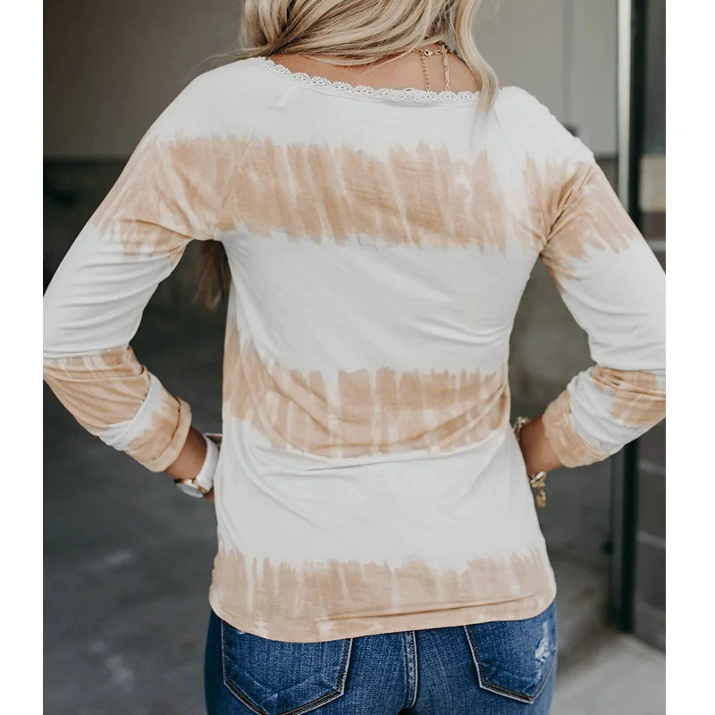 Fashion Women T-shirts Casual Tie Dye Striped Printed Lace Patchwork O Neck Buttons Long Sleeve Slim Tops Female Street Pullover
Fashion Women T-shirts Casual Tie Dye Striped Printed Lace Patchwork O Neck Buttons Long Sleeve Slim Tops Female Street Pullover
