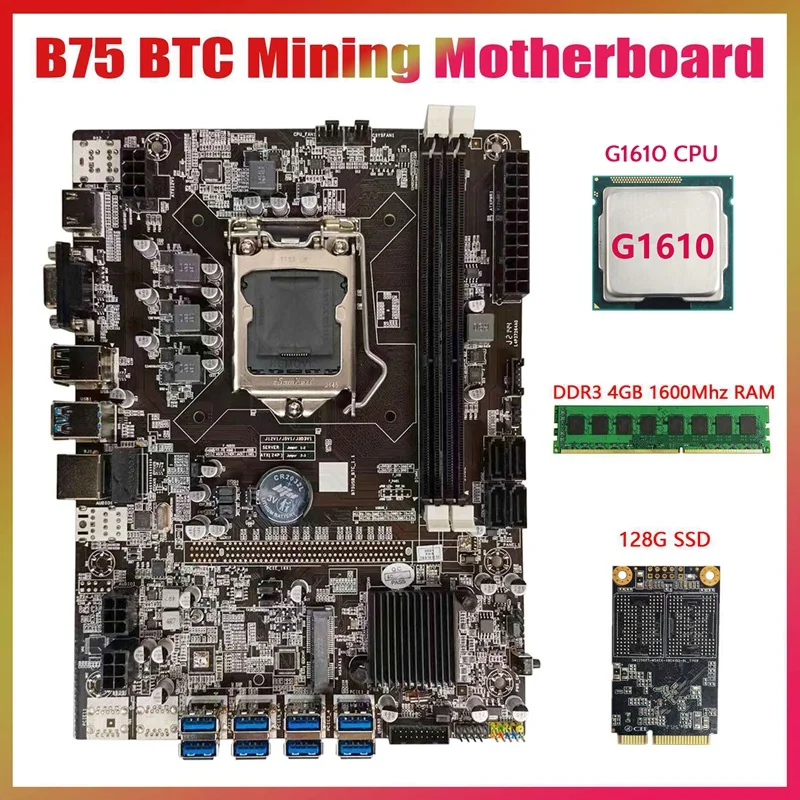 Материнская плата B75 USB BTC для майнинга + процессор G1610 + DDR3 4 Гб 1600 МГц ОЗУ + 128G MSATA SSD LGA1155 8xpcie к USB B75 BTC материнская плата
Материнская плата B75 USB BTC для майнинга + процессор G1610 + DDR3 4 Гб 1600 МГц ОЗУ + 128G MSATA SSD LGA1155 8xpcie к USB B75 BTC материнская плата