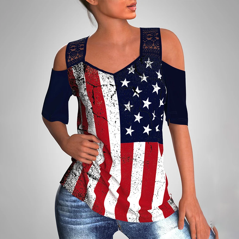 2021 Summer Sexy Off Shoulder Lace Patchwork T-shirt Women Retro Flag Print V Neck Short Sleeve Loose Tops
2021 Summer Sexy Off Shoulder Lace Patchwork T-shirt Women Retro Flag Print V Neck Short Sleeve Loose Tops