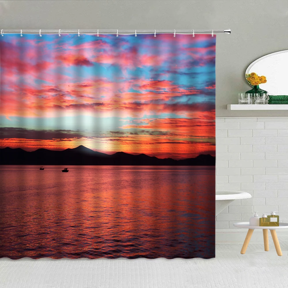 

3D Sea View Sandy Beach Flower Green Plants Shower Curtain Fabric High Quality Bathroom Supplies Decor With Hooks Cloth Curtains