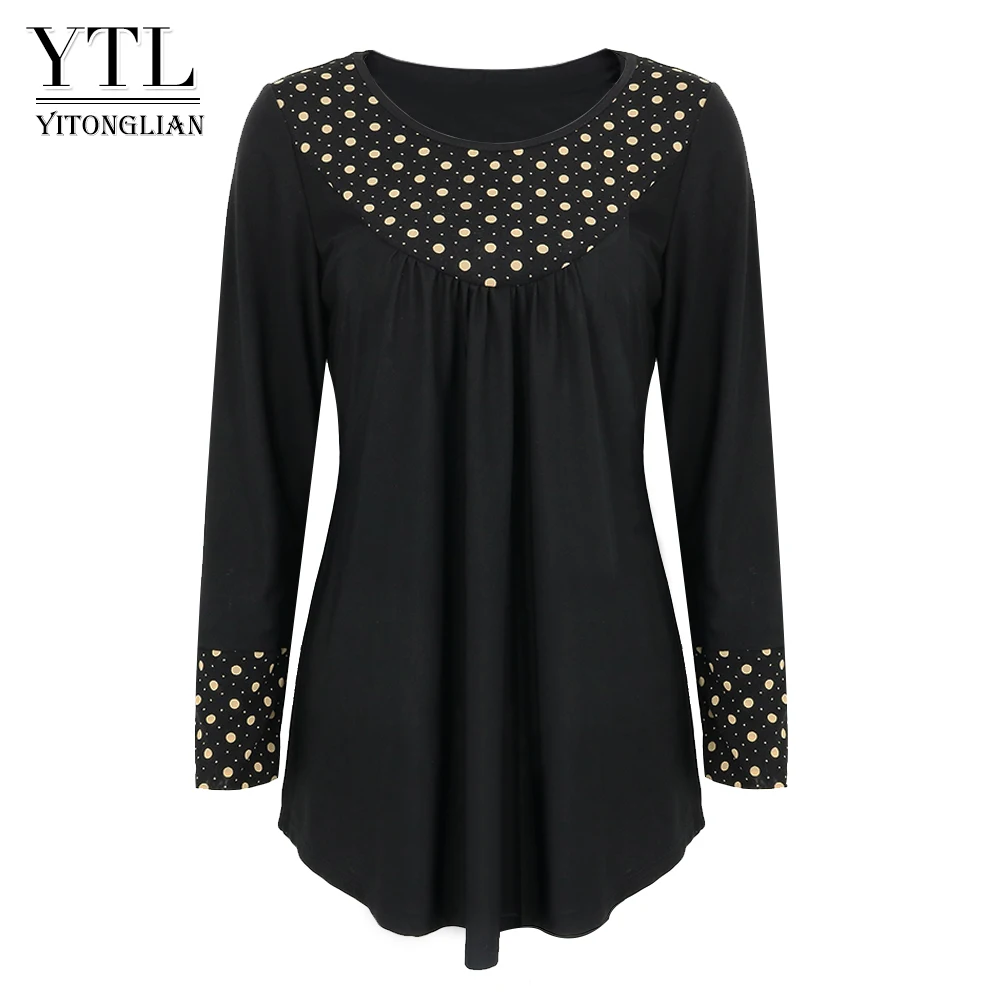 

Yitonglian Women 2021 New Retro Polka Dot Round Neck Long Sleeve Black Blouse Plus Size Casual Loose Tunic Tops H422