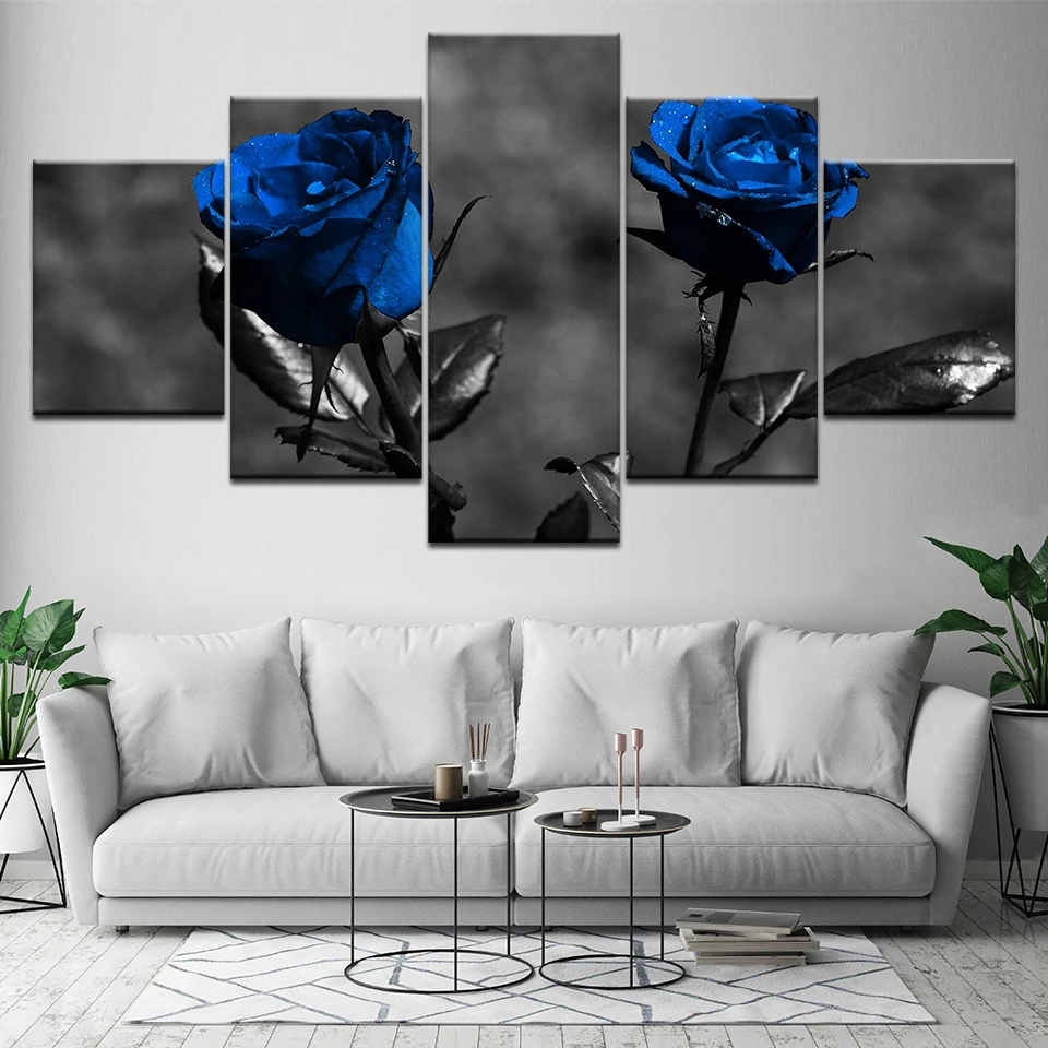 Фото Плакат модульные картины холст 5 шт. синие розы цветы современное искусство в
