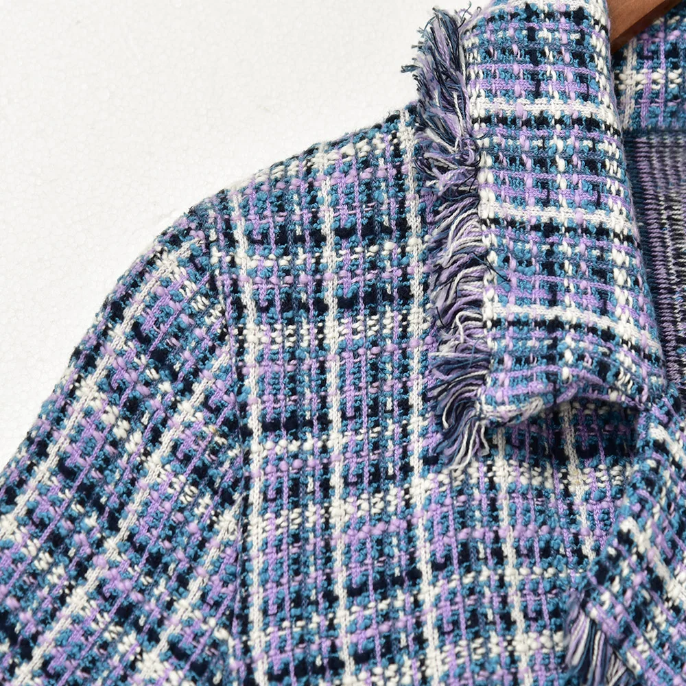 Женское твидовое мини-платье в клетку, двубортное платье с отложным воротником и короткими рукавами, платье с кисточками, Новинка лета 2021 
Женское твидовое мини-платье в клетку, двубортное платье с отложным воротником и короткими рукавами, платье с кисточками, Новинка лета 2021