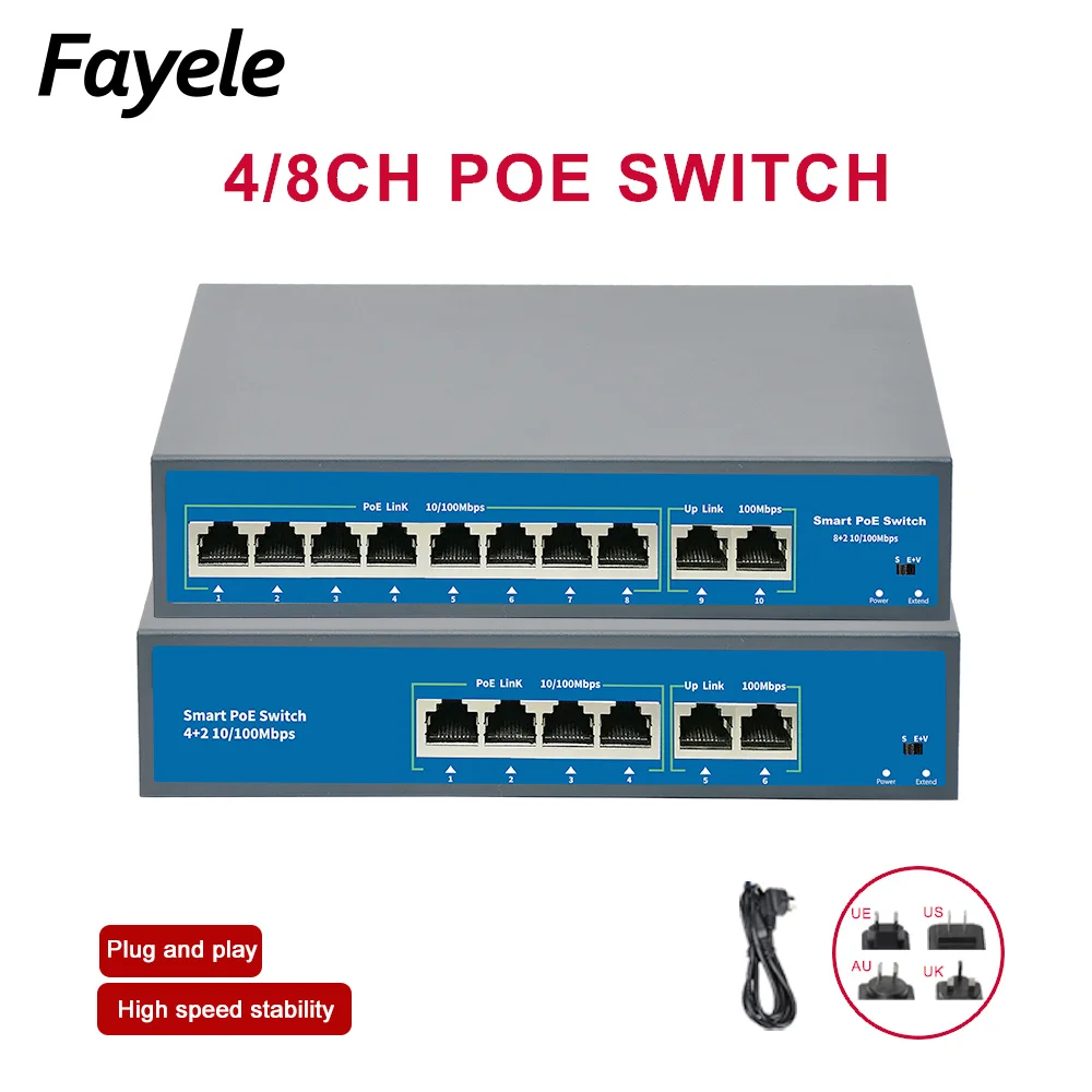 

Standard 4CH 8CH 48V POE switch 120W Power over Ethernet 10/100Mbps 250M 15.4W/30W IEEE 802.3 af/at for IP camera Wireless AP