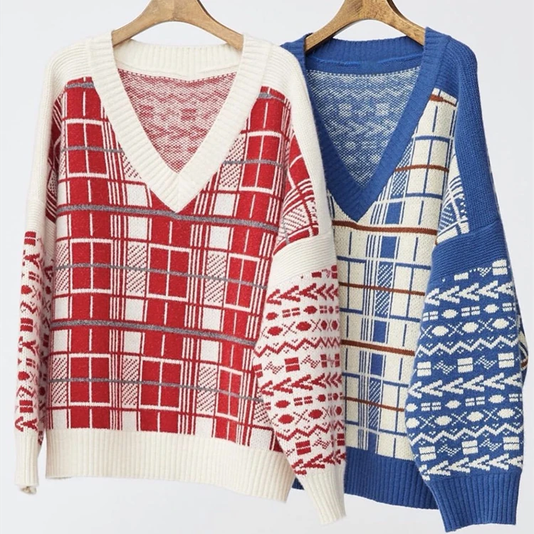 Women Plaid Sweaters Blue Red Long Sleeve Pullovers Autumn Winter Knitted Chic Tops Cashmere Outwear Coat V-Neck Knitted Sweater
Women Plaid Sweaters Blue Red Long Sleeve Pullovers Autumn Winter Knitted Chic Tops Cashmere Outwear Coat V-Neck Knitted Sweater