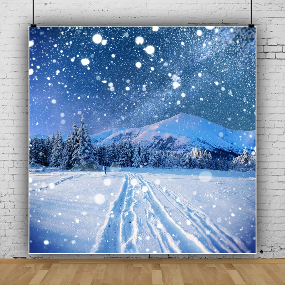 

Laeacco Snow View Mountain Pine Forest Scenic Photo Backdrops Starry Snowflake Polka Dots Child Photographic Background Banner