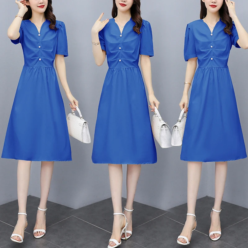Dress Women Summer 2021 Fashion Short Sleeve Dresses Casual Slim Waist A-Line Clothes Female Elegant Office Lady Blue Clothing
Dress Women Summer 2021 Fashion Short Sleeve Dresses Casual Slim Waist A-Line Clothes Female Elegant Office Lady Blue Clothing