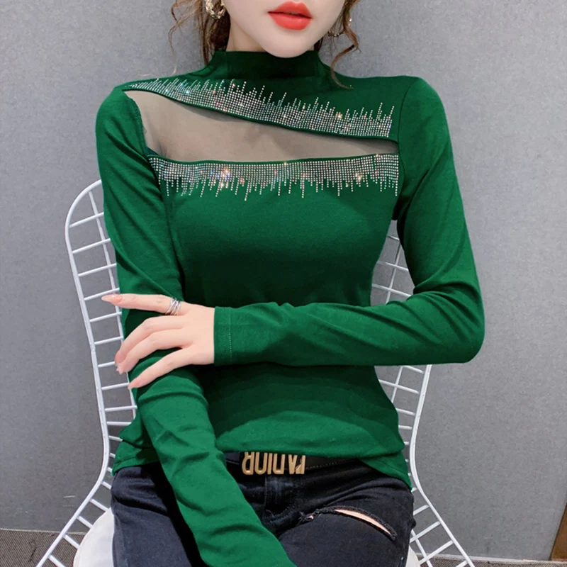 New 2020 Autumn winter Women T-Shirt Sexy Hollow out Diamonds Mesh Tops Turtleneck Plus Size Lady tshirts
New 2020 Autumn winter Women T-Shirt Sexy Hollow out Diamonds Mesh Tops Turtleneck Plus Size Lady tshirts