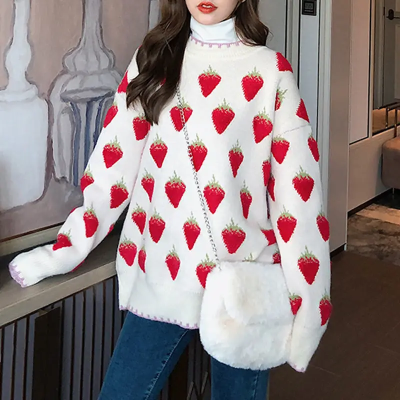 

Sweet Cute Pink Cartoon Strawberry Peach Snowflake Knitted Sweater Women Loose Casual Pullover Sweater Winter Warm Woman Clothes