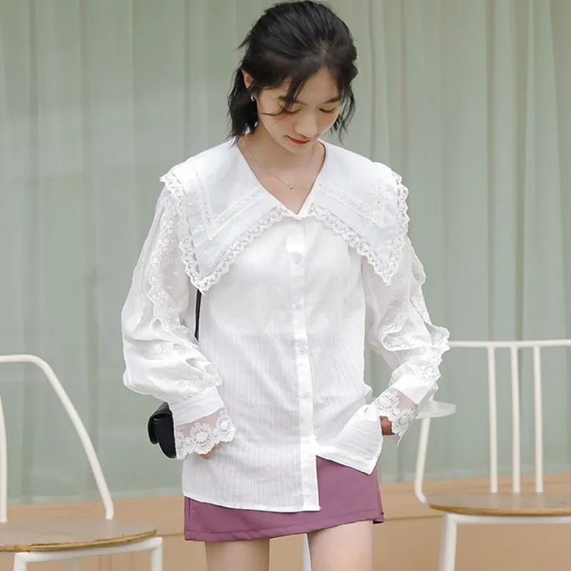 Women White Lace Casual Blouses Shirts New 2021 Spring Korean Style Sailor Collar All-match Ladies Elegant Long Sleeve Tops W037
Women White Lace Casual Blouses Shirts New 2021 Spring Korean Style Sailor Collar All-match Ladies Elegant Long Sleeve Tops W037